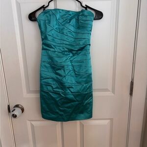 bebe Strapless Satin Dress in Teal